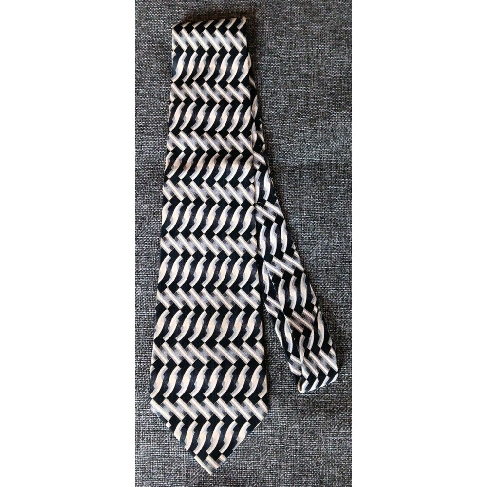 Tie 70s 80s 90s Y2K Mens Nubio Silk Black Gray Ivory 3.75 Wide 60 Long